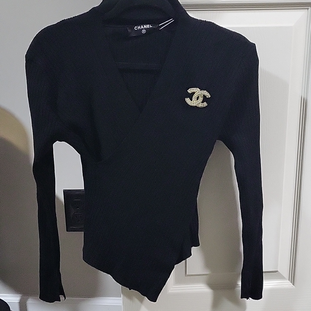 CHANEL Black V-Neck Sweater with Gold and Crystal Emblem